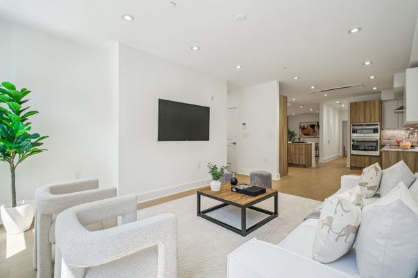 Interior, Kitchen, Living room, Recessed Lighting, Stainless Steel Appliances, Wood Texture Flooring