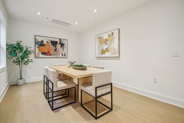 Dining room, Interior, Recessed Lighting, Wood Texture Flooring
