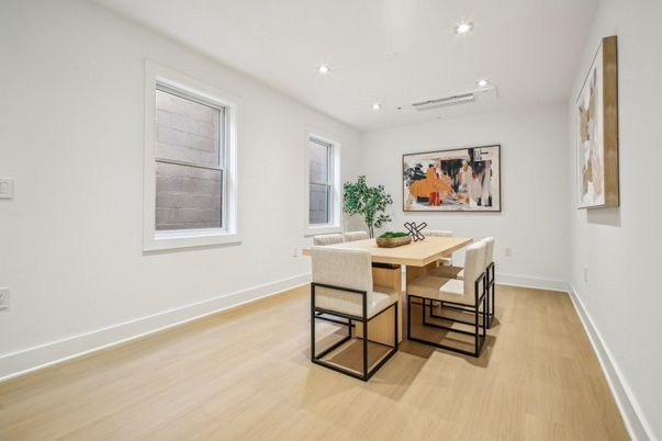 Dining room, Interior, Recessed Lighting, Wood Texture Flooring