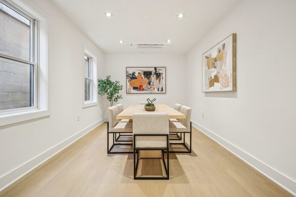 Dining room, Interior, Recessed Lighting, Wood Texture Flooring