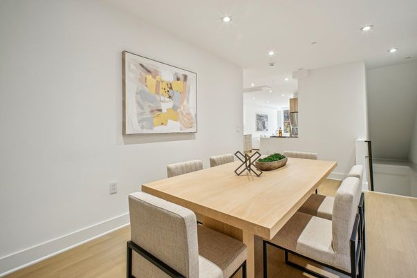 Dining room, Interior, Recessed Lighting, Wood Texture Flooring