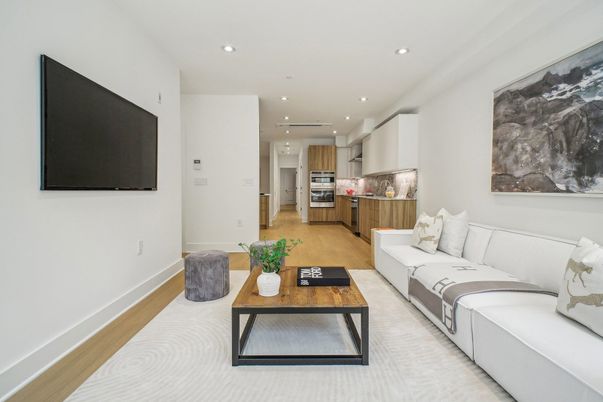 Interior, Kitchen, Living room, Recessed Lighting, Stainless Steel Appliances, Wood Texture Flooring