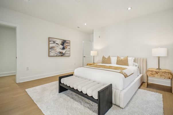 Bedroom, Interior, Recessed Lighting, Wood Texture Flooring