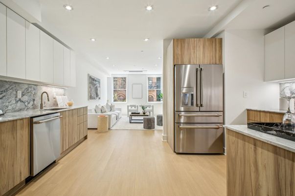 Interior, Kitchen, Living room, Recessed Lighting, Stainless Steel Appliances, Wood Texture Flooring