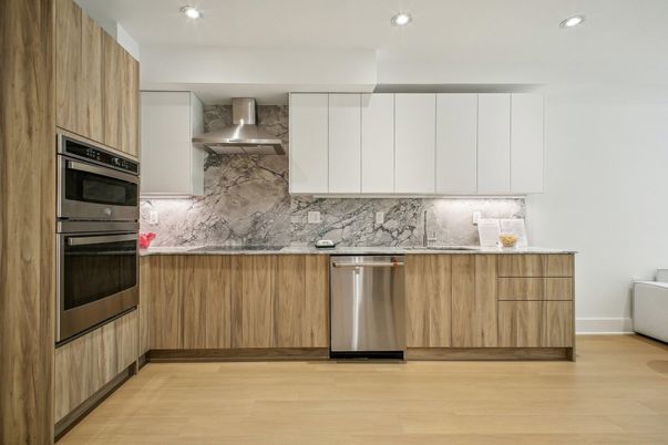 Interior, Kitchen, Recessed Lighting, Stainless Steel Appliances, Wood Texture Flooring