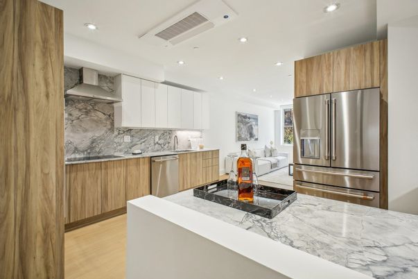 Interior, Kitchen, Recessed Lighting, Stainless Steel Appliances, Wood Texture Flooring