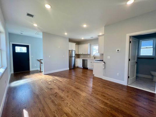 Empty room, Interior, Kitchen, Recessed Lighting, Wood Texture Flooring