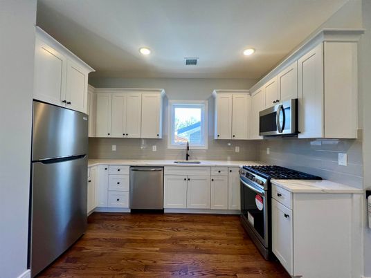 Interior, Kitchen, Recessed Lighting, Stainless Steel Appliances, Wood Texture Flooring
