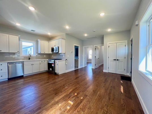 Interior, Kitchen, Recessed Lighting, Stainless Steel Appliances, Wood Texture Flooring