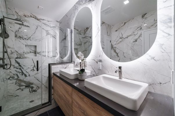 Bathroom, Dual Sink Vanities, Glass Shower, Interior, Marble Walls, Recessed Lighting