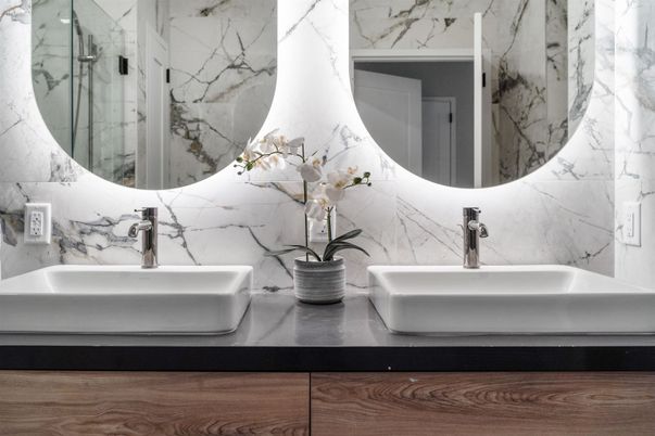 Bathroom, Dual Sink Vanities, Glass Shower, Interior, Marble Walls
