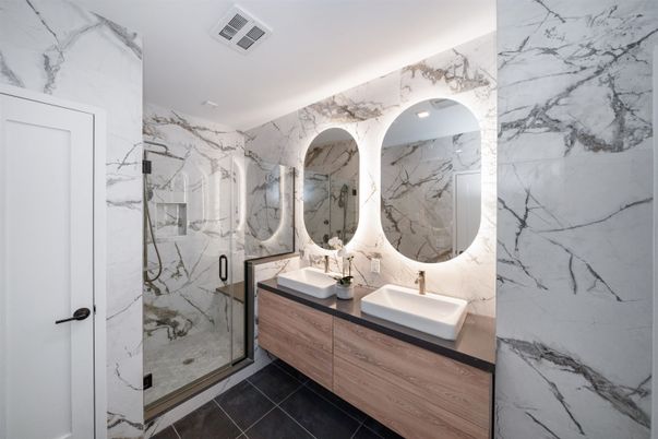 Bathroom, Dual Sink Vanities, Glass Shower, Interior, Marble Walls, Recessed Lighting