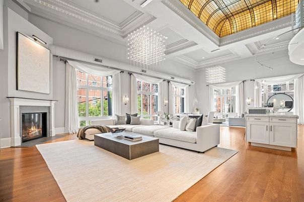 Chandelier, Fireplace, Interior, Living room, Pendant Lights, Recessed Lighting, Wood Texture Flooring