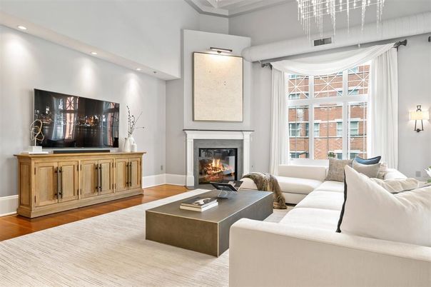 Fireplace, Interior, Living room, Recessed Lighting, Wood Texture Flooring