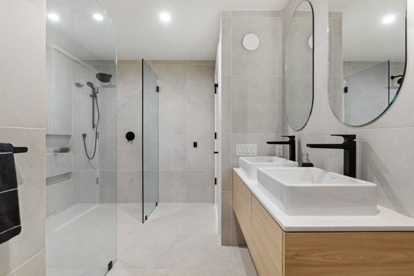 Bathroom, Dual Sink Vanities, Glass Shower, Interior, Recessed Lighting