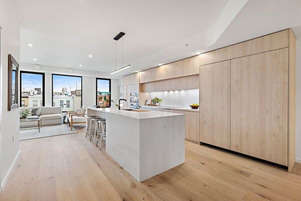 Interior, Kitchen, Living room, Pendant Lights, Recessed Lighting, Water, Wood Texture Flooring