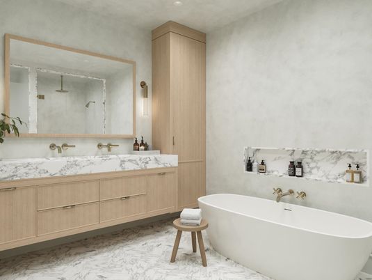 Bathroom, Dual Sink Vanities, Free Standing Baths, Interior, Marble, Marble Walls, Recessed Lighting