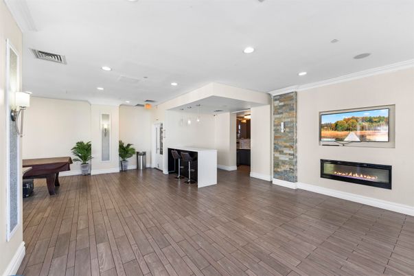 Billiard Table, Fireplace, Game Room, Interior, Pendant Lights, Recessed Lighting, Wood Texture Flooring