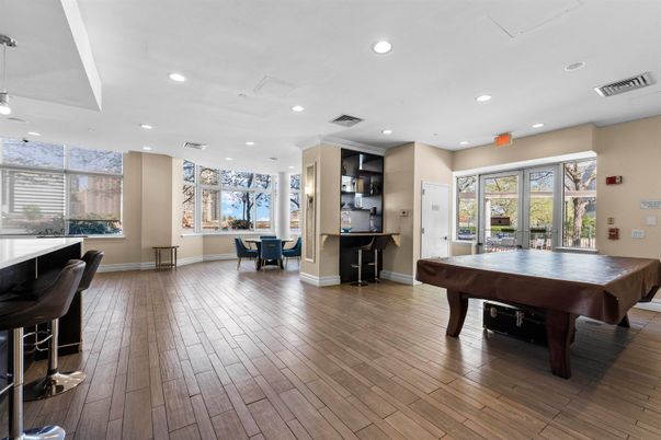 Billiard Table, Dining room, Game Room, Interior, Pendant Lights, Recessed Lighting, Wood Texture Flooring