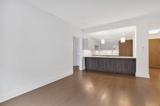 Empty room, Interior, Kitchen, Pendant Lights, Stainless Steel Appliances, Wood Texture Flooring