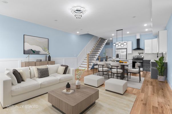 Dining room, Interior, Kitchen, Living room, Pendant Lights, Recessed Lighting, Stainless Steel Appliances, Wood Texture Flooring