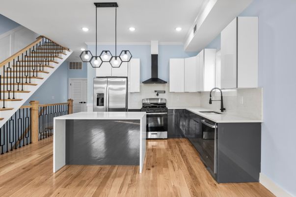 Interior, Kitchen, Pendant Lights, Recessed Lighting, Stainless Steel Appliances, Wood Texture Flooring