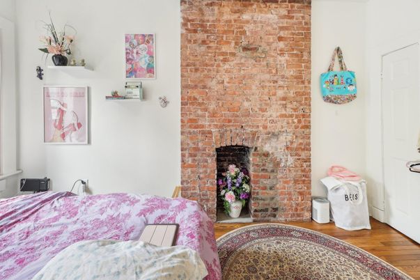 Bedroom, Fireplace, Interior, Stone Walls, Wood Texture Flooring