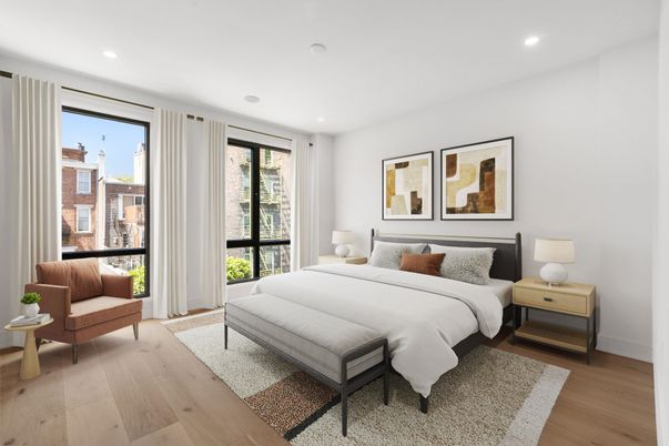 Bedroom, Interior, Recessed Lighting, Wood Texture Flooring