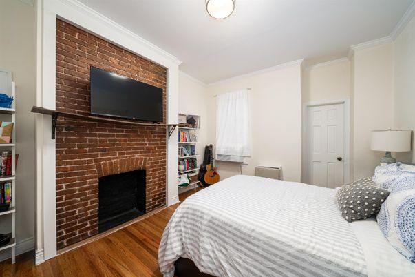 Bedroom, Fireplace, Interior, Stone Walls, Wood Texture Flooring