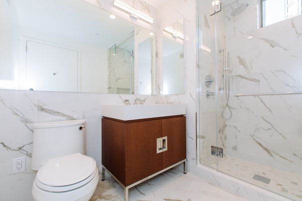 Bathroom, Glass Shower, Interior, Marble, Marble Walls, Recessed Lighting