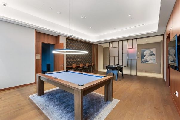 Billiard Table, Game Room, Interior, Pendant Lights, Recessed Lighting, Wood Texture Flooring, Wooden Walls