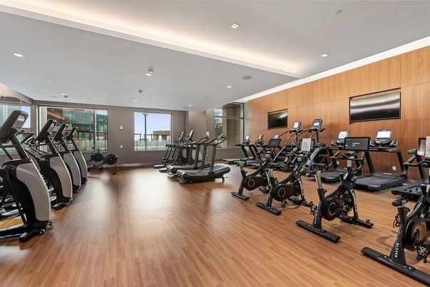 Fitness Equipment, Gym, Interior, Recessed Lighting, Wood Texture Flooring, Wooden Walls
