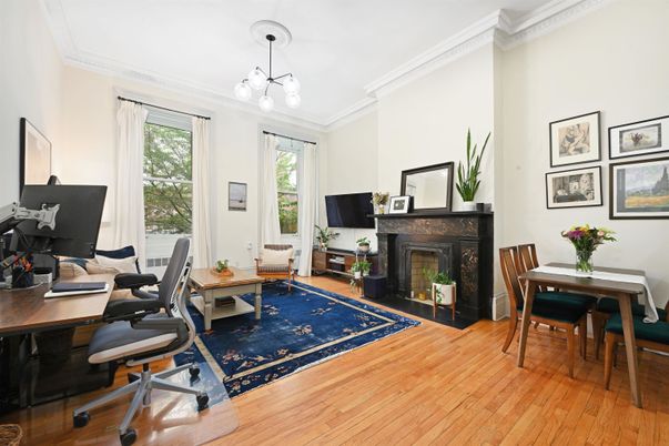 Fireplace, Home Office, Interior, Pendant Lights, Wood Texture Flooring