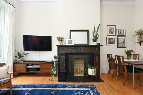 Dining room, Fireplace, Interior, Wood Texture Flooring