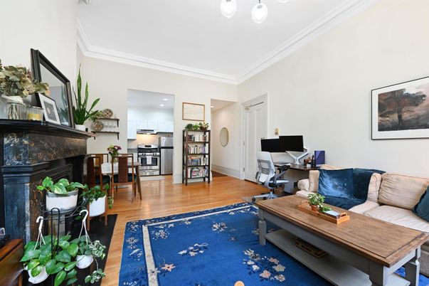 Fireplace, Home Office, Interior, Kitchen, Living room, Recessed Lighting, Stainless Steel Appliances, Wood Texture Flooring
