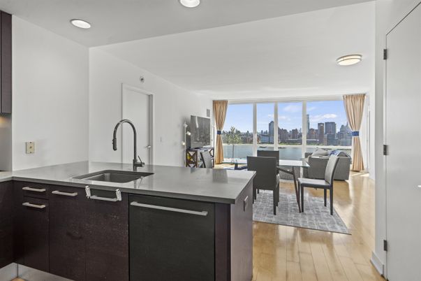 Dining room, Interior, Kitchen, Recessed Lighting, Water, Wood Texture Flooring