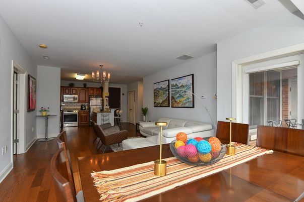 Chandelier, Interior, Kitchen, Living room, Stainless Steel Appliances, Wood Texture Flooring