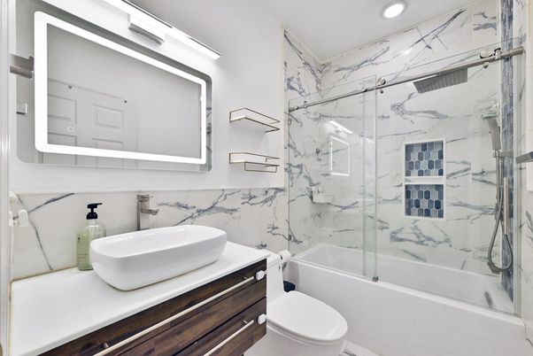 Bathroom, Glass Shower, Interior, Marble Walls, Recessed Lighting