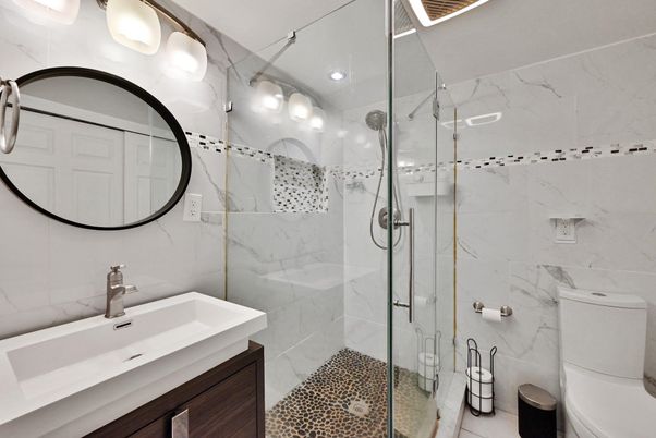 Bathroom, Glass Shower, Interior, Marble Walls, Recessed Lighting