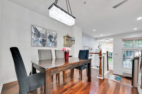 Chandelier, Dining room, Interior, Recessed Lighting, Wood Texture Flooring