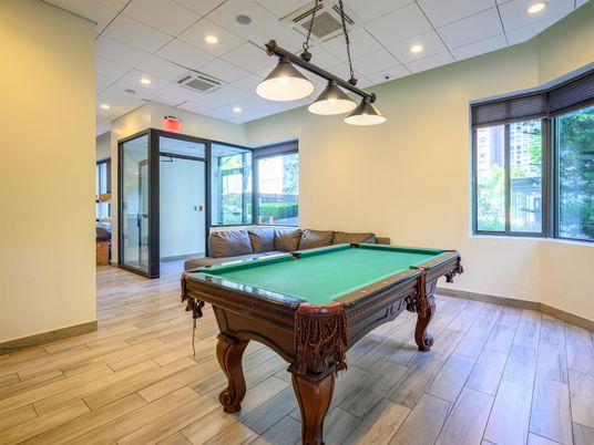 Billiard Table, Game Room, Interior, Pendant Lights, Recessed Lighting, Wood Texture Flooring