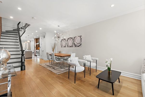 Dining room, Interior, Pendant Lights, Recessed Lighting, Wood Texture Flooring
