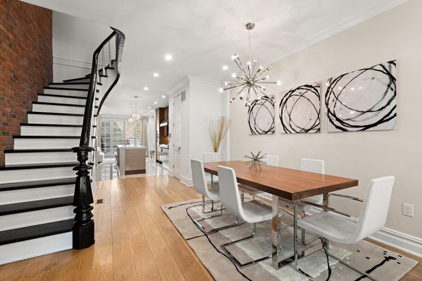 Dining room, Interior, Kitchen, Pendant Lights, Recessed Lighting, Stone Walls, Wood Texture Flooring
