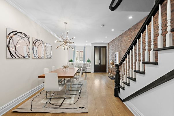 Dining room, Interior, Pendant Lights, Recessed Lighting, Stone Walls, Wood Texture Flooring