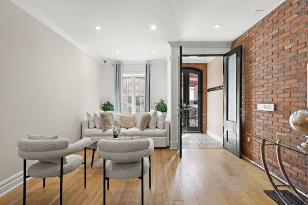 Interior, Living room, Recessed Lighting, Stone Walls, Wood Texture Flooring