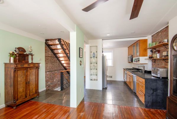 Interior, Kitchen, Recessed Lighting, Stone Walls, Wood Texture Flooring
