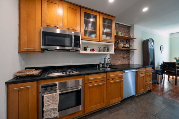 Dining room, Interior, Kitchen, Recessed Lighting, Stainless Steel Appliances, Wood Texture Flooring