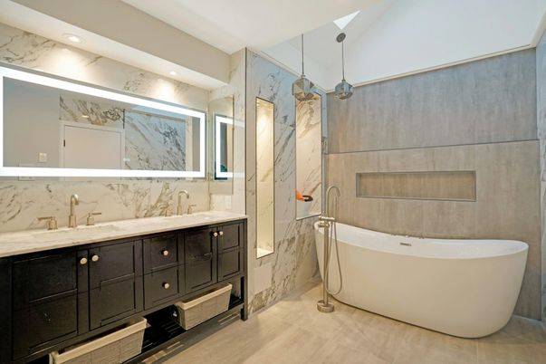 Bathroom, Dual Sink Vanities, Free Standing Baths, Interior, Marble Walls, Recessed Lighting
