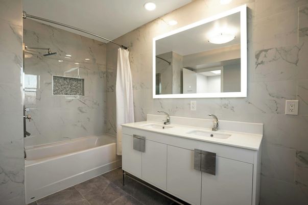 Bathroom, Dual Sink Vanities, Interior, Marble Walls, Recessed Lighting