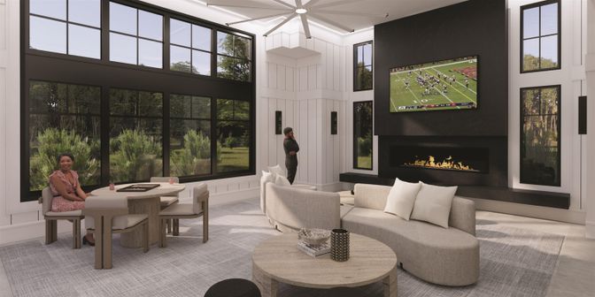 Dining room, Fireplace, Interior, Living room, Pendant Lights
